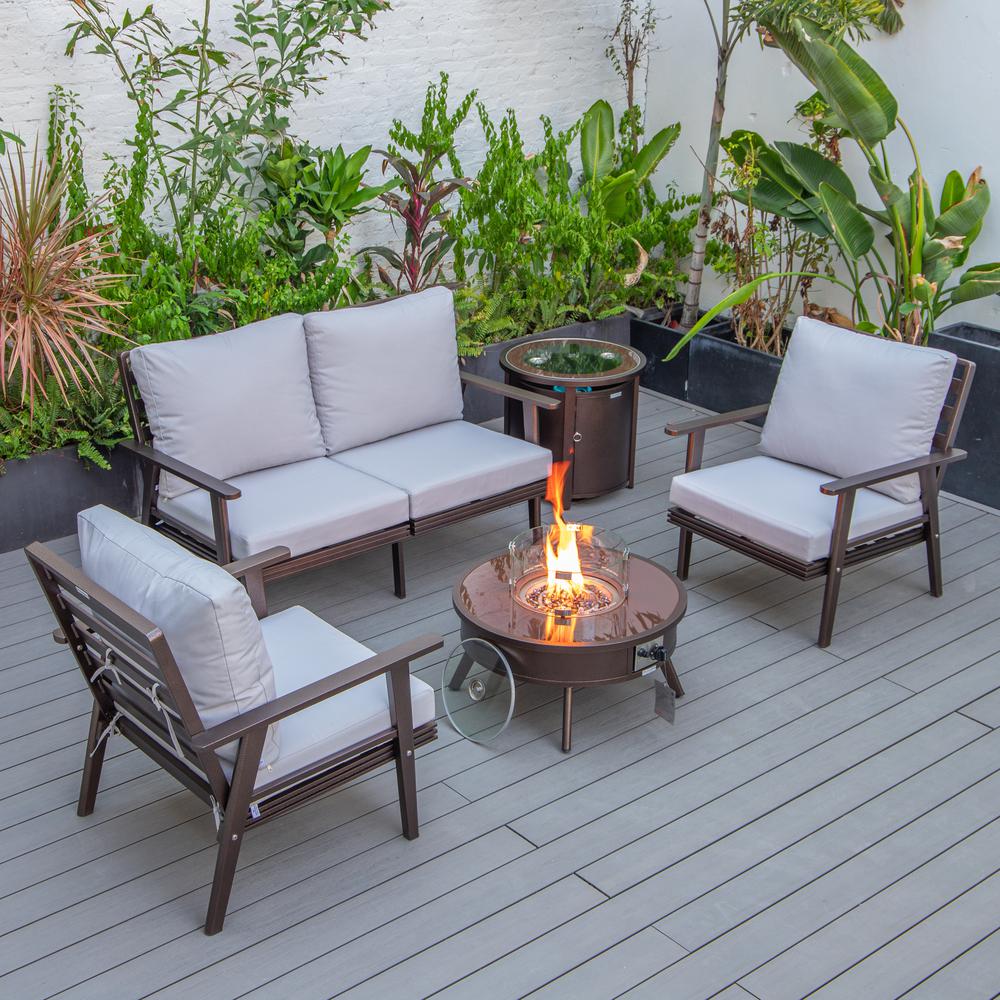 LeisureMod Walbrooke Modern Brown Patio Conversation With Round Fire Pit & Tank Holder, Light Grey