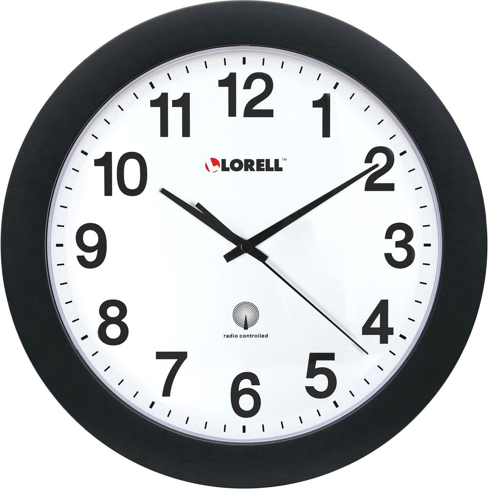 Lorell 12" Round Radio Controlled Wall Clock - Analog - Quartz - White Main Dial - Black/Plastic Case