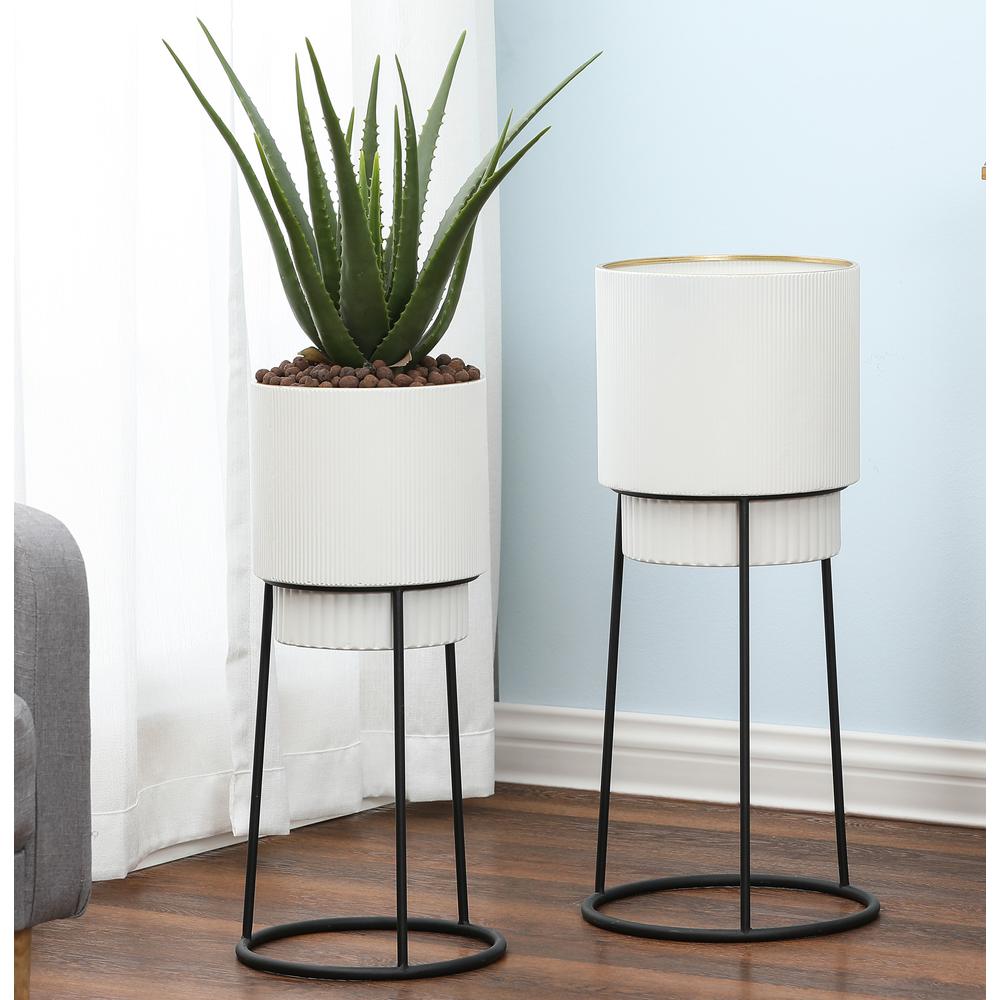 Set of 2 White Metal Cachepot Planters with Black Metal Stands