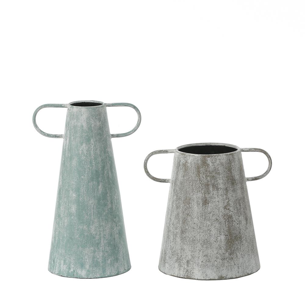 Set of 2 Farmhouse Blue and Gray Metal Vases