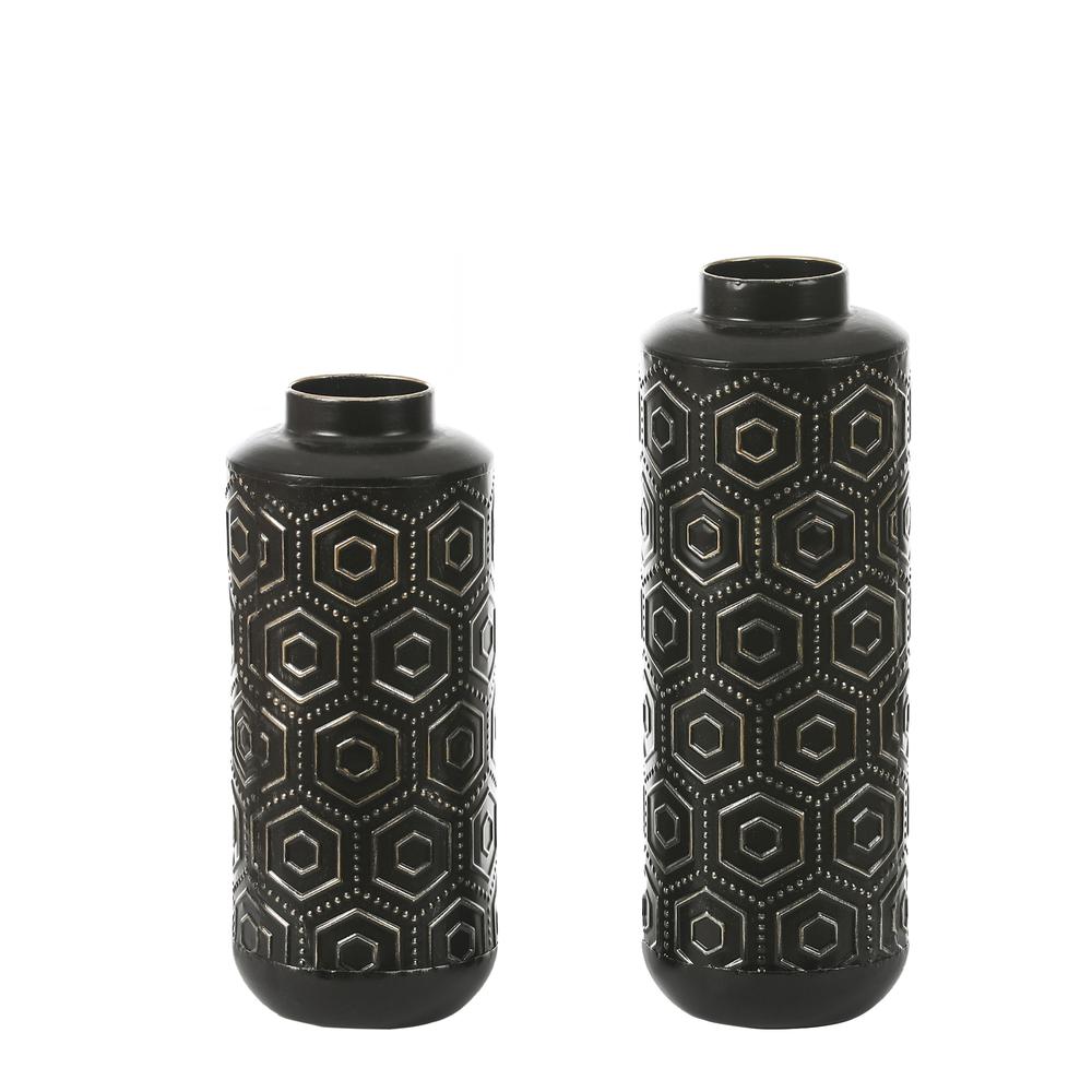 Set of 2 Black and Silver Metal Bottle Vases