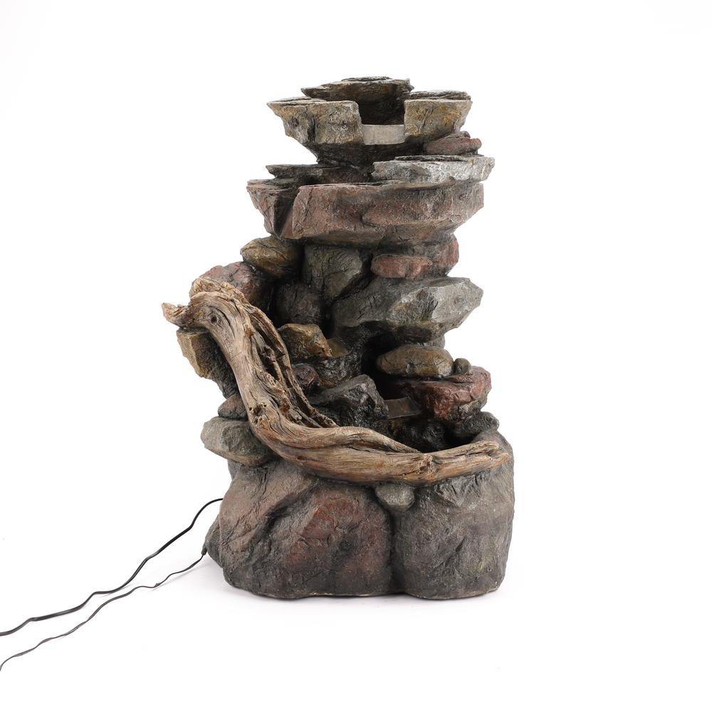 LuxenHome Resin Stacked Rock Waterfall Outdoor Fountain with LED Lights