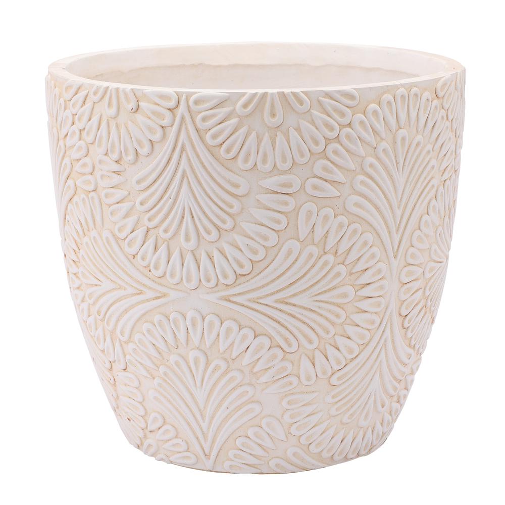 LuxenHome Antique White MgO Floral Round Planter