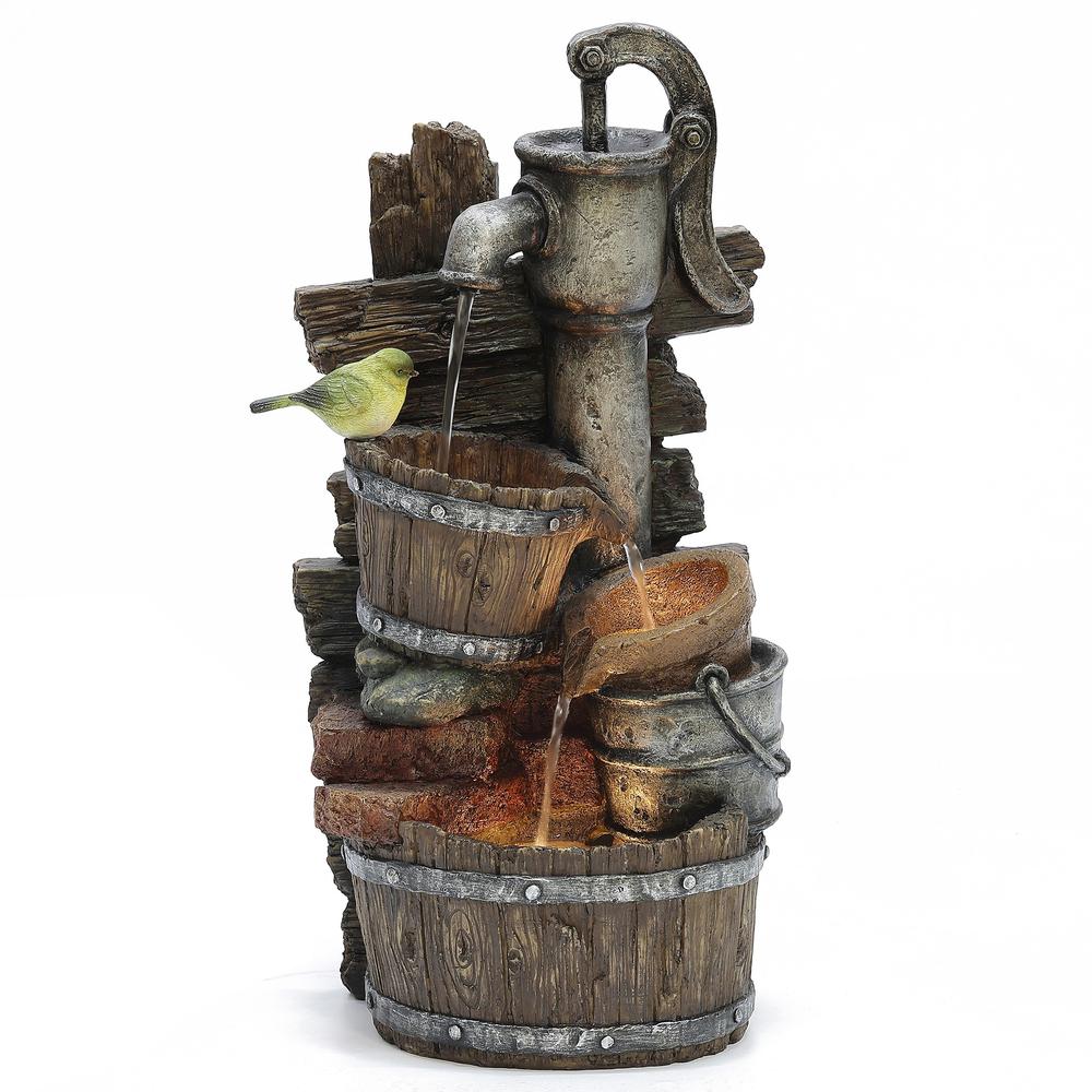 Farmhouse Pump and Barrels Resin Outdoor Fountain with LED Lights