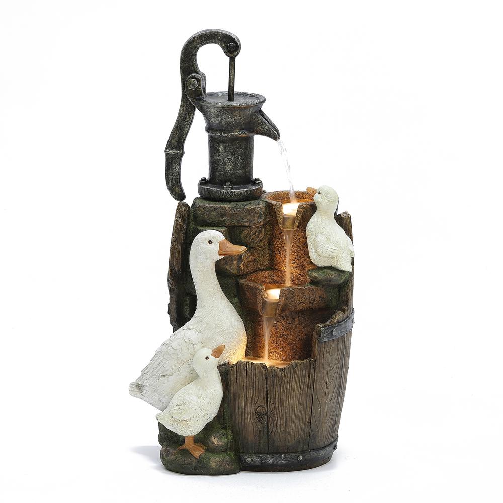 Farmhouse Pump and Duck Family Resin Outdoor Fountain with LED Lights