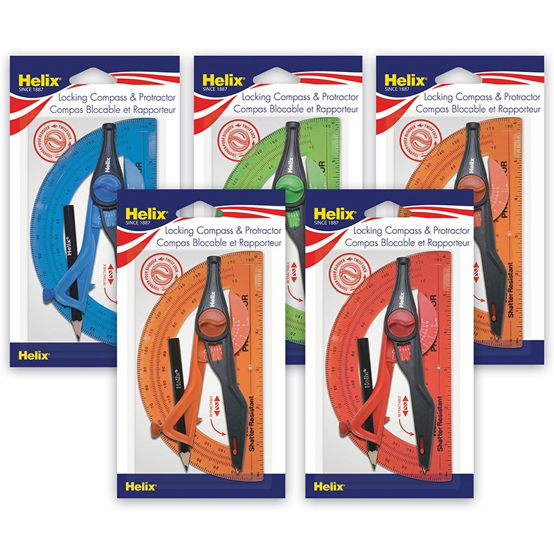 Plastic Locking Compass & Protractor Set, 5 Sets