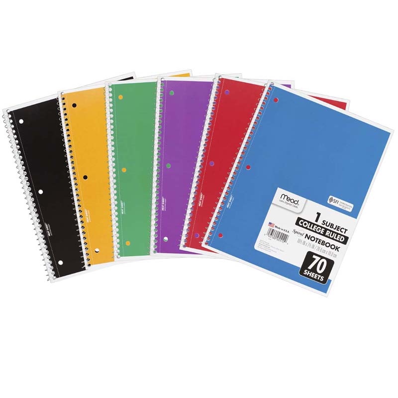Spiral 1 Subject Notebook, College Ruled, 70 Sheets Per Book, Pack of 6