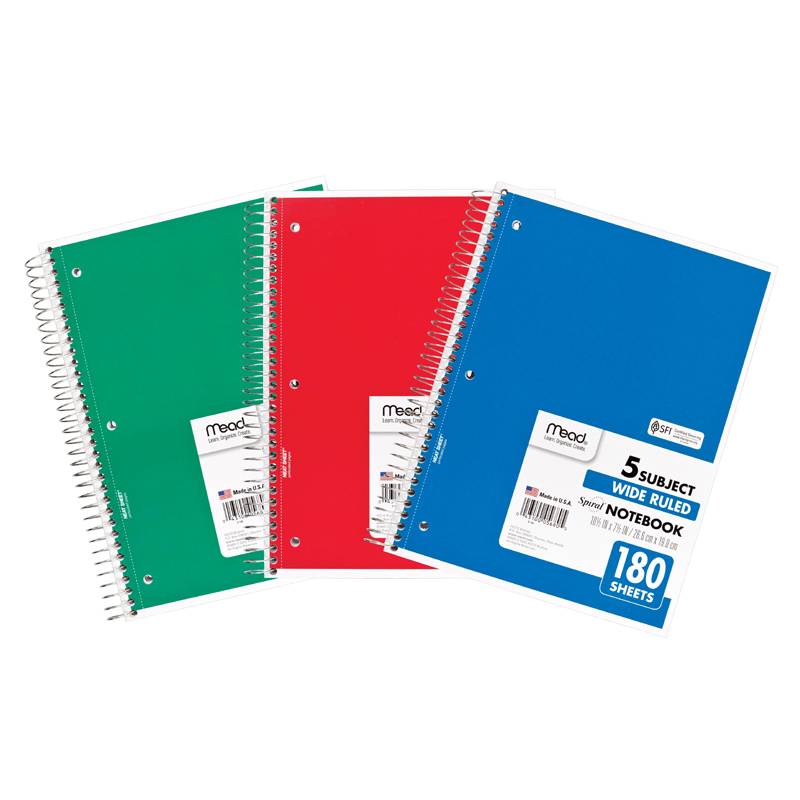 Spiral 5 Subject Notebook, WR, 180 shts