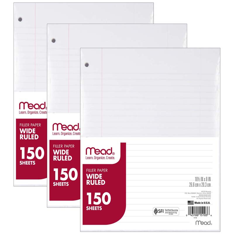 Notebook Filler Paper, Wide Ruled, 150 Sheets Per Pack, 3 Packs