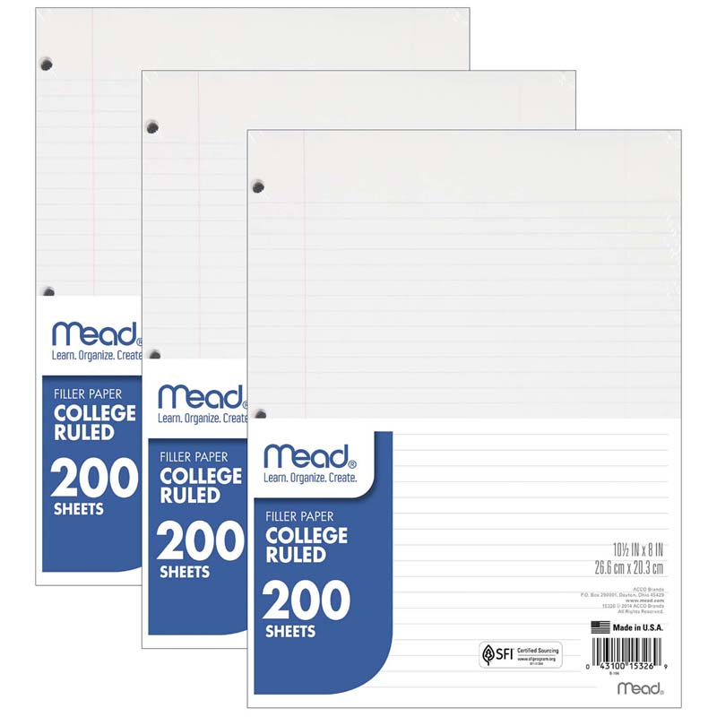 Notebook Filler Paper, College Ruled, 200 Sheets Per Pack, 3 Packs