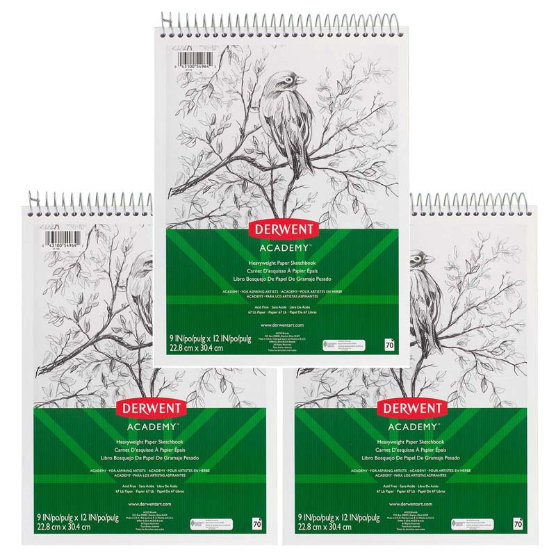 Derwent Academy Wirebound Sketchbook, 9" x 12", 70 Sheets, Pack of 3