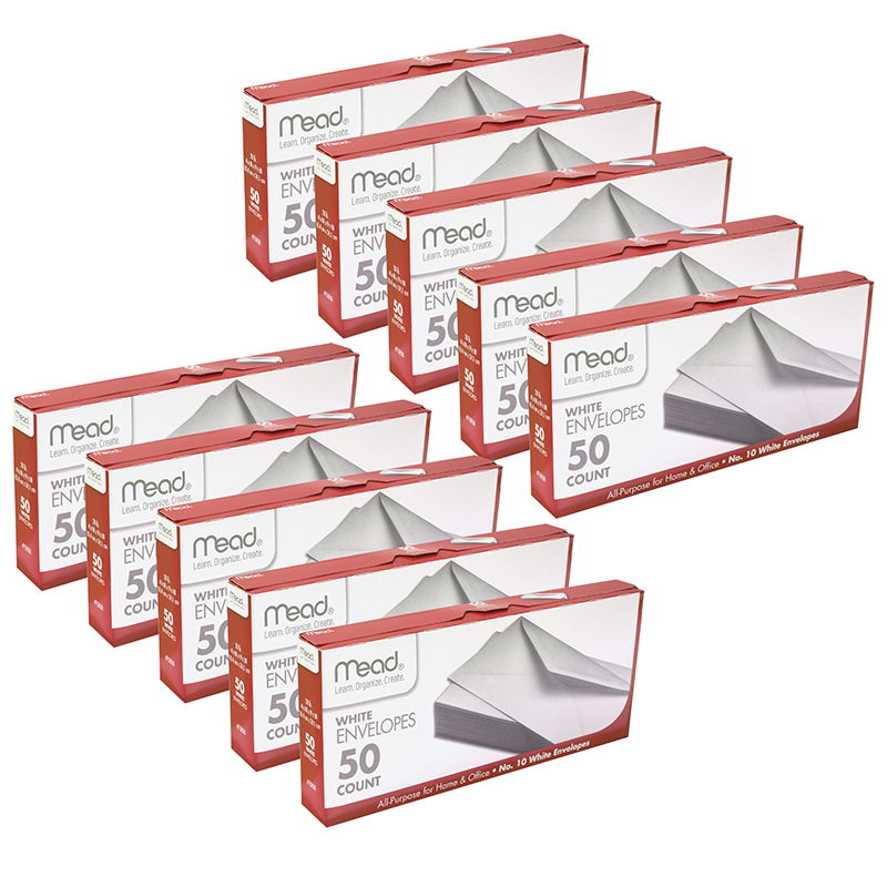 White Gummed Business Envelopes, 4 1/8 x 9 1/250#10, 50 Per Pack, 10 Packs