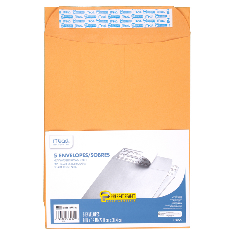 Press-It Seal-It Envelopes, 9" x 12", Pack of 5