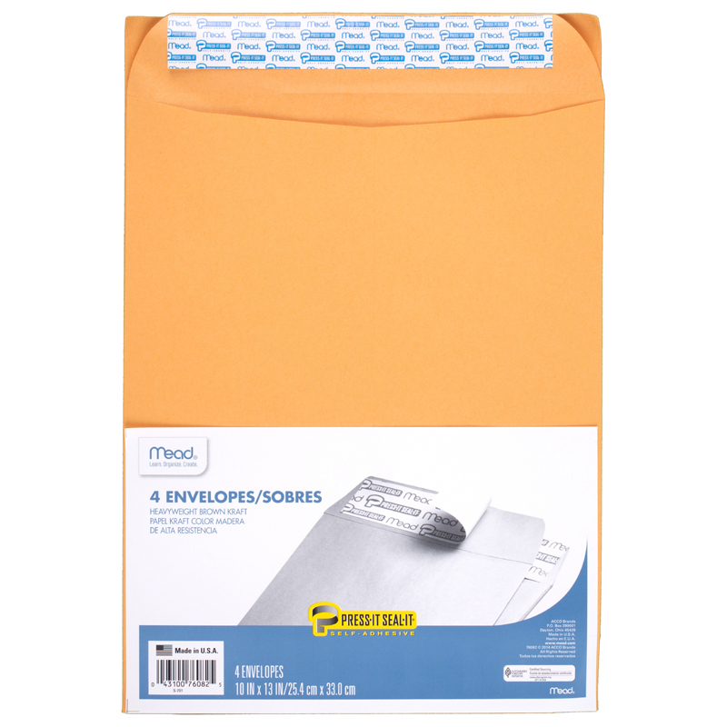 Press-It Seal-It Envelopes, 10" x 13", Pack of 4