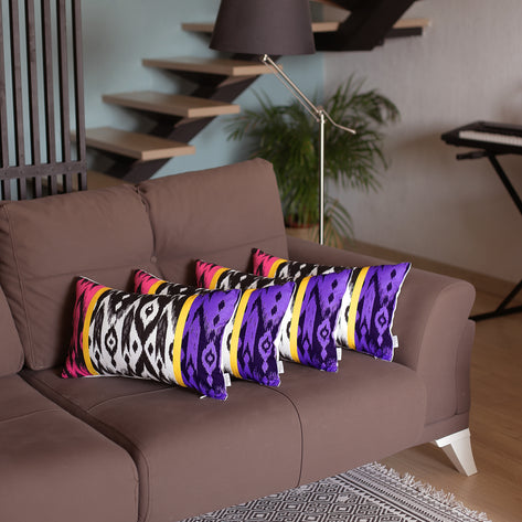 Ikat Set of 4 Lumbar Boho Throw Pillow Covers - 12''x20'' Purple