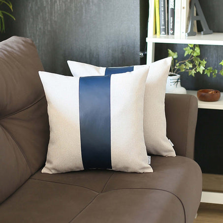 Vegan Faux Leather Detailed Throw Pillow - 17"x17" Navy Blue - Set of 2