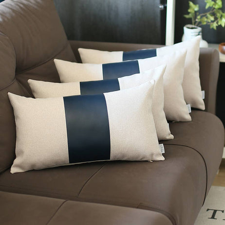 Vegan Faux Leather Detailed Throw Pillow Covers 12"x20" Navy Blue - Set of 4