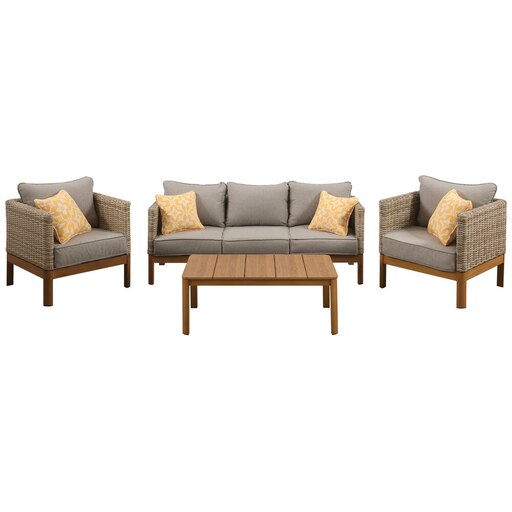 Blake 4pc Set: 2 Side Bucket Chrs, Sofa, and Faux Wood Coffee Table