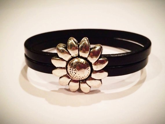 Children's Flower Leather Bracelet (Silver or Brass) 5 1/2 inches Silver/Black