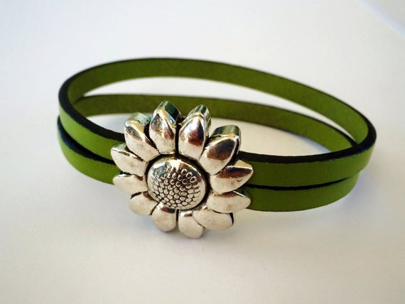 Children's Flower Leather Bracelet (Silver or Brass) 5 1/2 inches Silver/Olive Green
