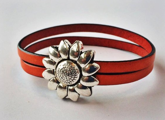 Children's Flower Leather Bracelet (Silver or Brass) 5 1/2 inches Silver/Orange