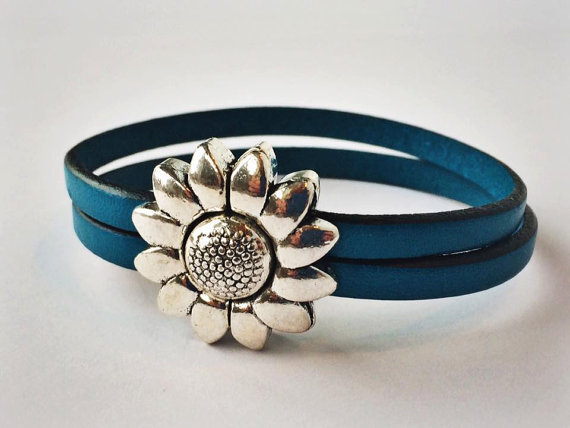 Children's Flower Leather Bracelet (Silver or Brass) 5 1/2 inches Silver/Blue