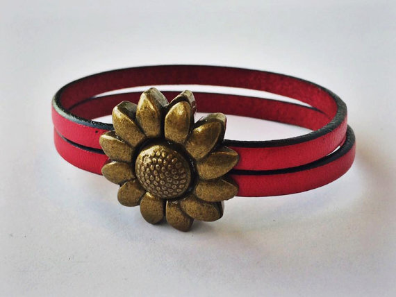 Children's Flower Leather Bracelet (Silver or Brass) 5.5 inches Brass/Dark Pink