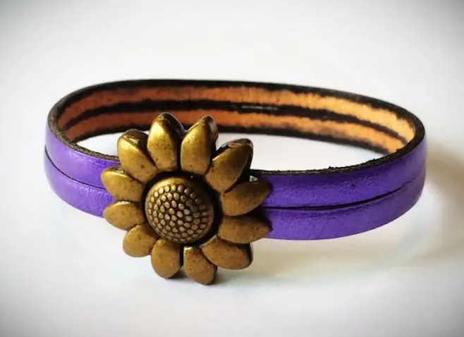 Children's Flower Leather Bracelet (Silver or Brass) 5.5 inches Brass/Lilac