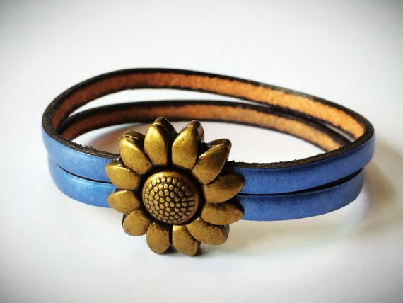 Children's Flower Leather Bracelet (Silver or Brass) 5.5 inches Brass/Metallic Blue