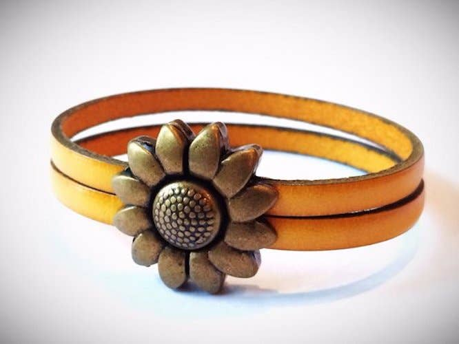 Children's Flower Leather Bracelet (Silver or Brass) 5.5 inches Brass/Yellow