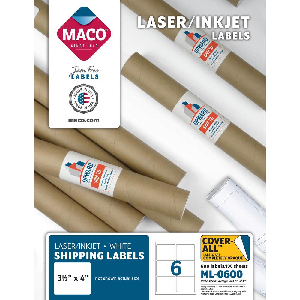 MACO White Laser/Ink Jet Shipping Label - 3 21/64" x 4" Length - Rectangle - Laser, Inkjet - White - 6 / Sheet - 600 / Box - Lig