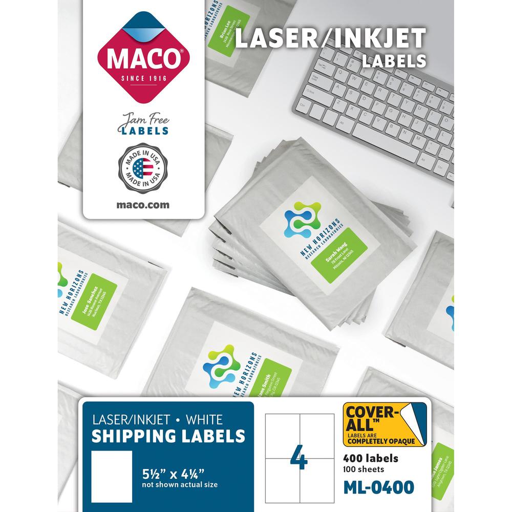 MACO White Laser/Ink Jet Shipping Label - 5 1/2" x 4 1/4" Length - Rectangle - Laser, Inkjet - White - 4 / Sheet - 400 / Box - L