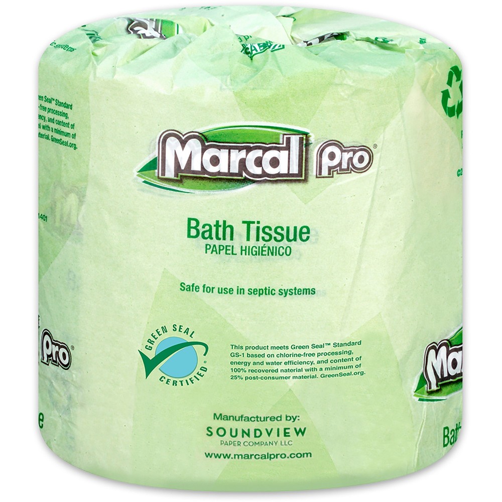 Marcal Pro 100% Recycled Bathroom Tissue - 2 Ply - 4&quot; x 4&quot; - 500 Sheets/Roll - White - Chlorine-free, Dye-free, Fragrance-free, 