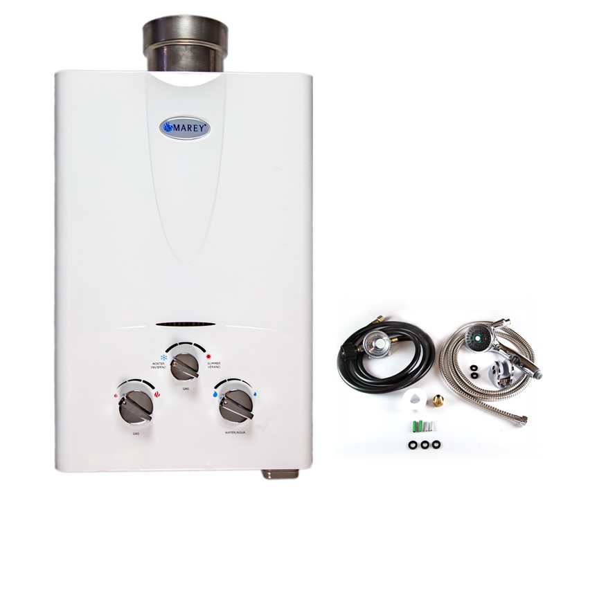 Marey 2.0 GPM Liquid Propane bundle with shower head , gas regulator and hose