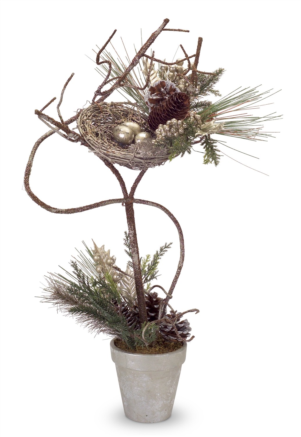 Mixed Pine/Holly/Cone Topiary w/Nest 26"H Plastic/Natural
