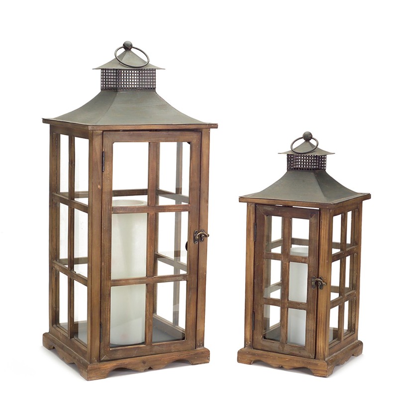 Lanterns (Set of 2) 19"H, 26"H Wood/Metal/Glass