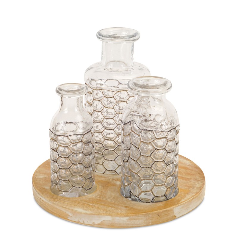 Jars w/Chicken Wire Wrap 9"H Glass/Wire, includes Tray 9.75"D Wood