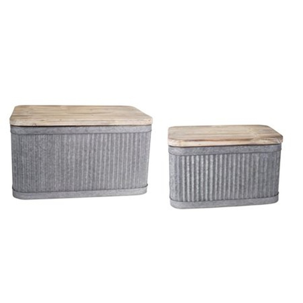 Tub w/Wood Top (Set of 2) 19"Lx12"Wx11"H", 23.5"Lx15"Wx13"H Metal