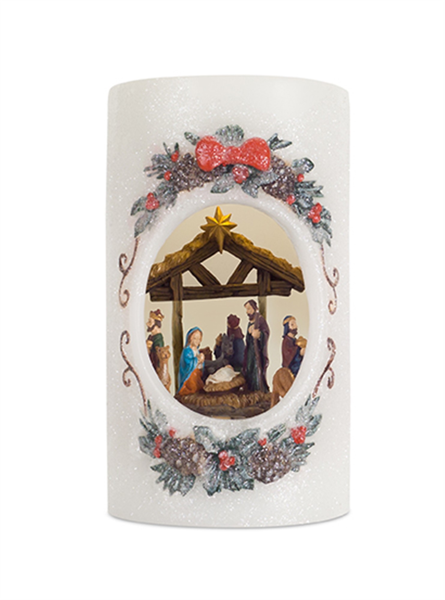 Open Candle with Nativity Scene 4" x 8.5"H Wax