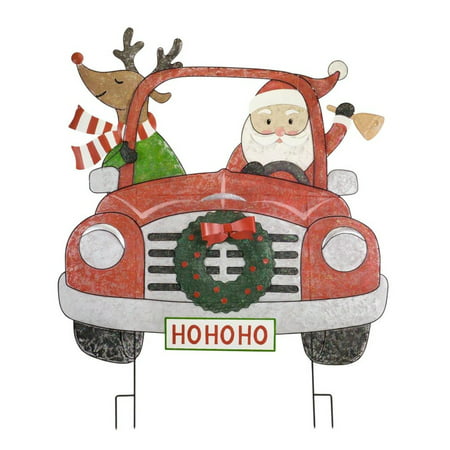 Santa and Deer in Car 66"H Metal