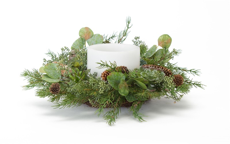 Pine/Succulent/Eucalyptus Candle Ring (Set of 2) 22"D Plastic (fits a 6" candle)