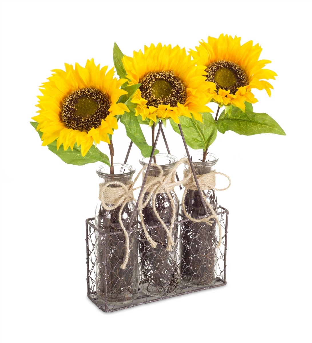 Sunflower Bottle in Holder (Set of 2) 14.5"H Glass/Polyester/Wire