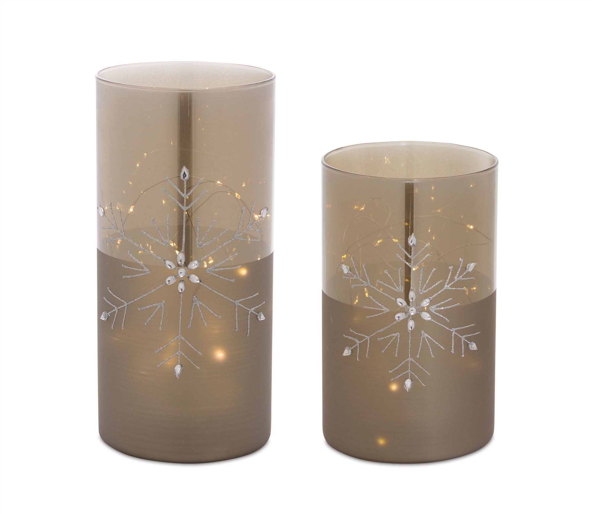 Snowflake Votives with Lights and Timer (Set of 2) 7.75"H, 10"H Glass