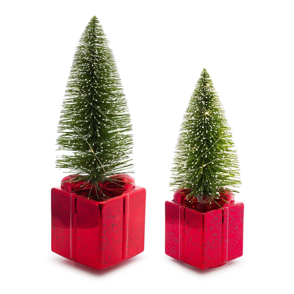 Tree on Package with Lights/Timer (Set of 2) 13.5"H, 17.25"H Glass