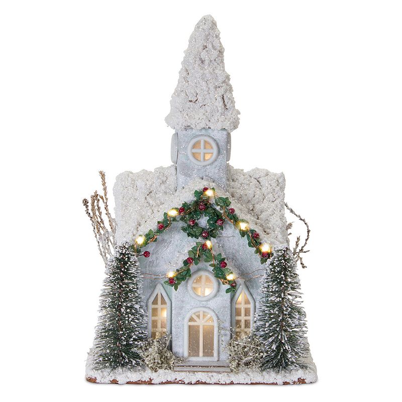 Church with Lights and Timer 14"H Wood/Plastic