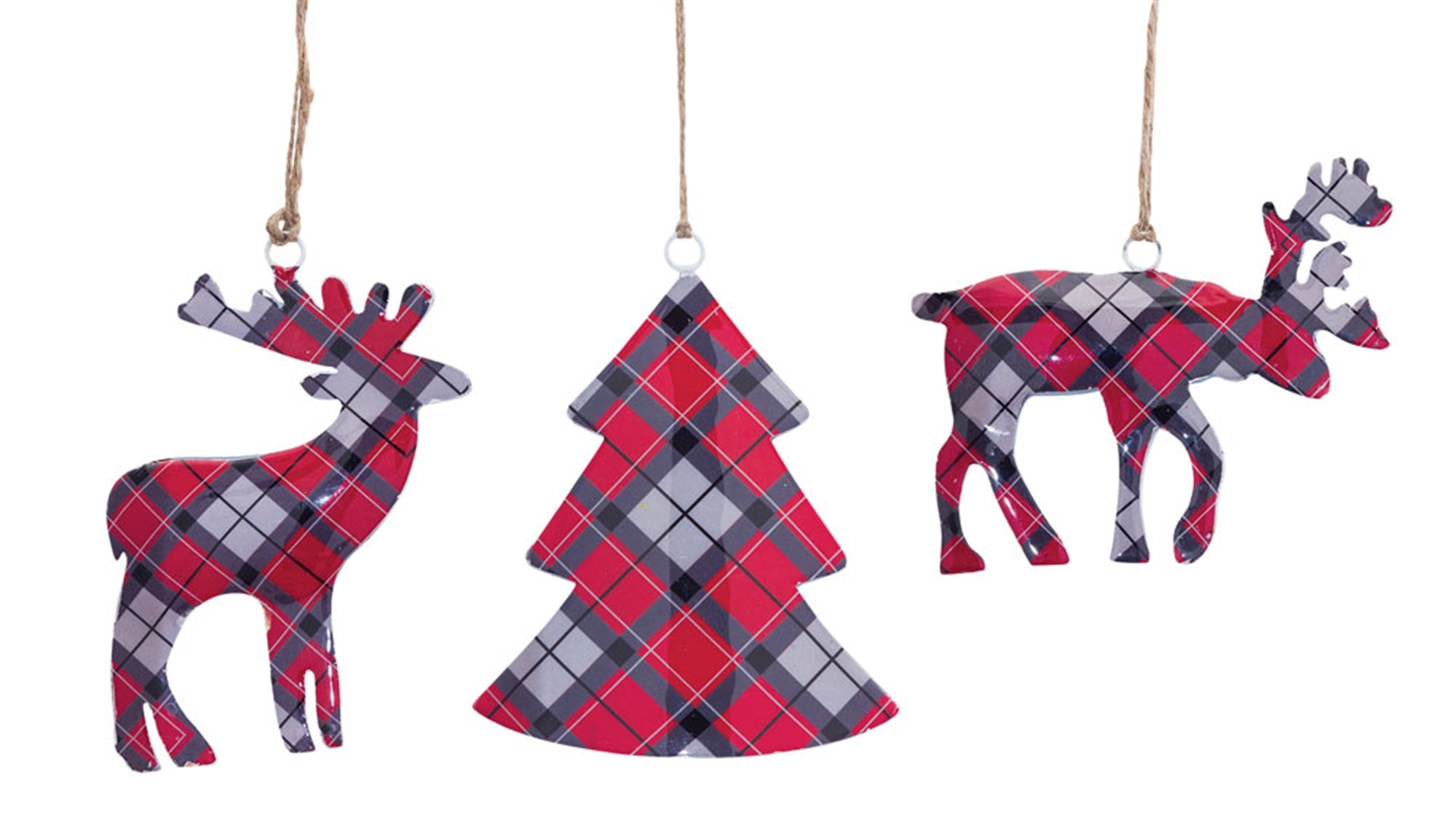 Deer and Tree Plaid Ornament (Set of 6) 4.75"H, 5.75"H, 6"H Iron