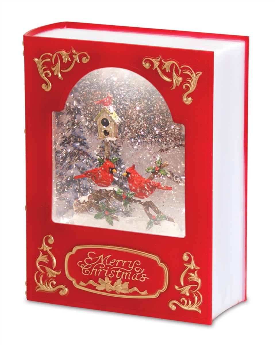 Book Snow Globe w/Cardinals 8.5"H Plastic 6 Hr Timer 3 AA Batteries, Not Included or USB Cord Included