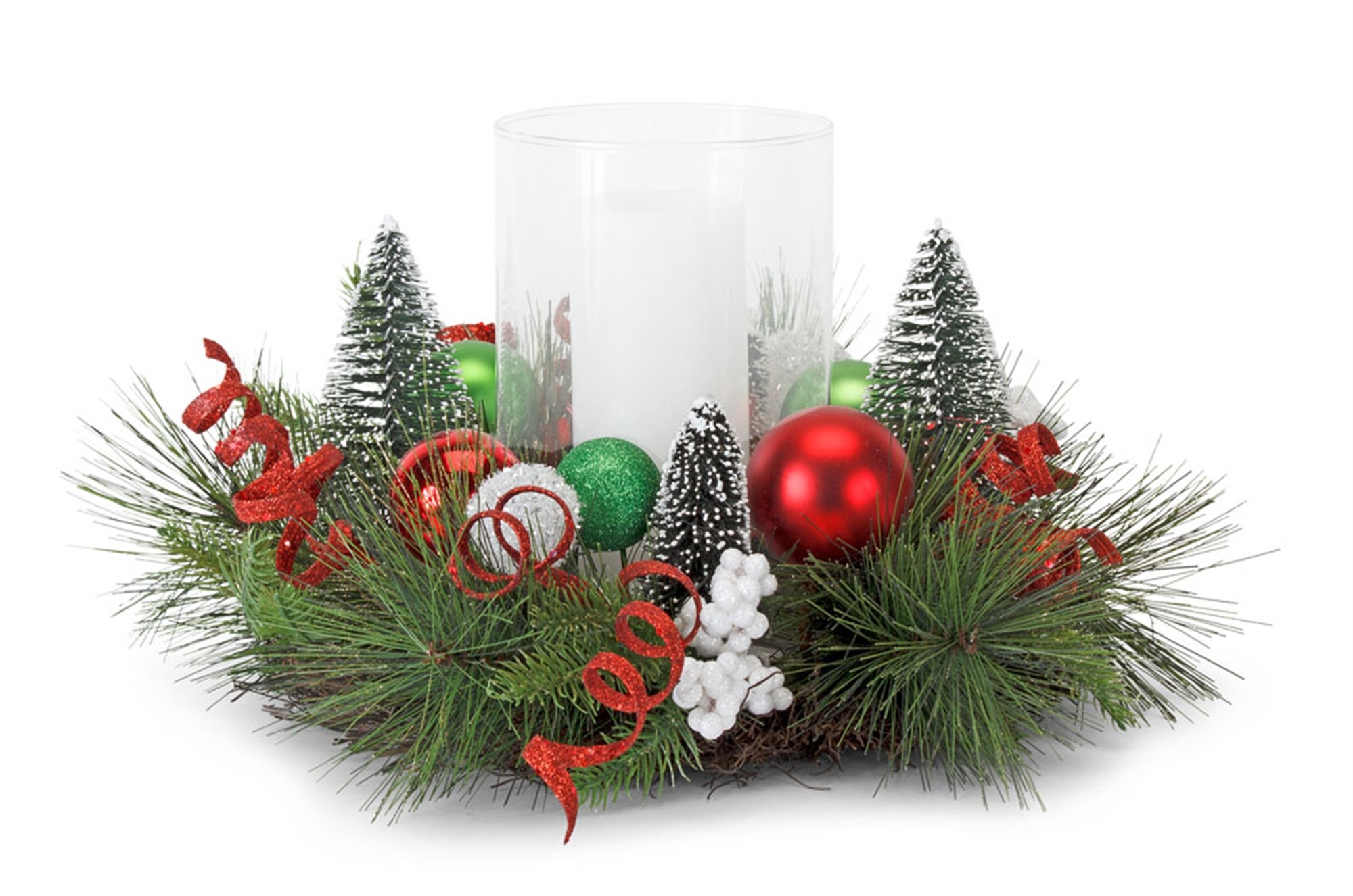 Pine and Ornament Candle Holder 16"D x 9.5"H PVC/Plastic/Glass