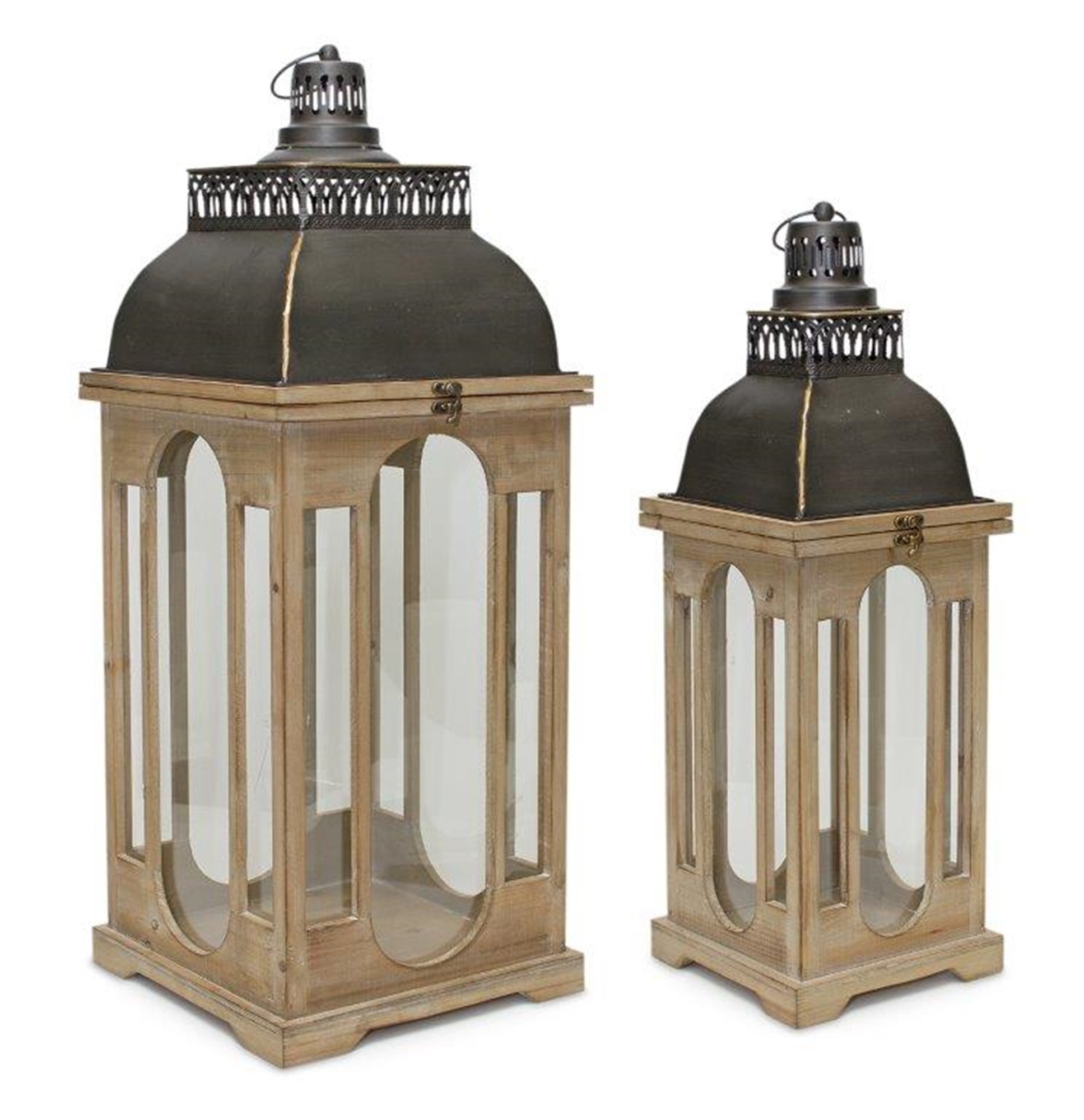 Lantern (Set of 2) 26.25"H, 32.25"H Iron/Wood/Glass