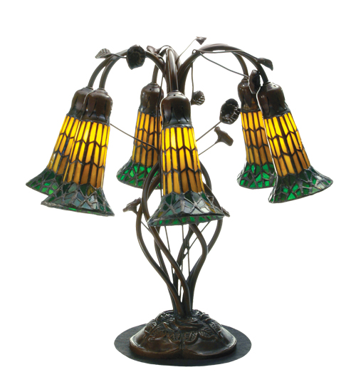 19"H Tiffany Pond Lily Amber and Green 6 Light Table Lamp